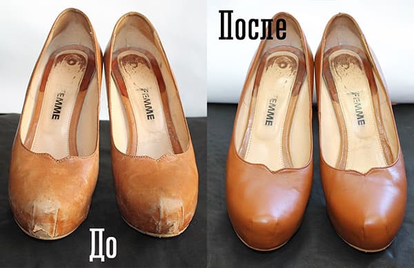 Scarpe di cuoio prima e dopo la verniciatura