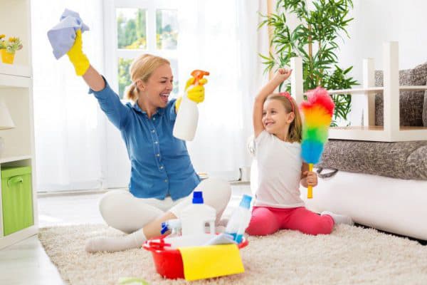 Mom and daughter are cleaning