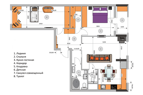 Layout of an apartment with two toilets